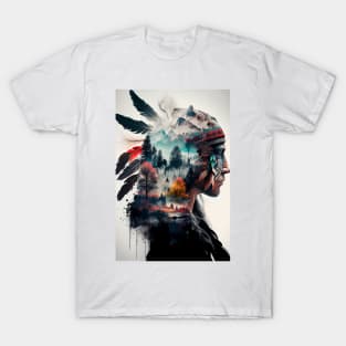 Native American Double Exposure Watercolor Painting T-Shirt